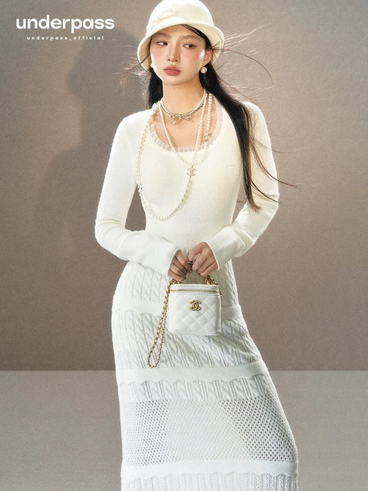 Underpass original design French lace splicing round neck cable tie slim niche A-line knitted dress