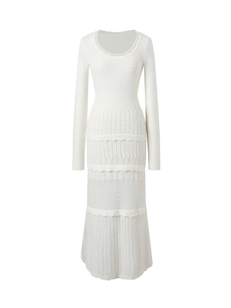 Underpass original design French lace splicing round neck cable tie slim niche A-line knitted dress