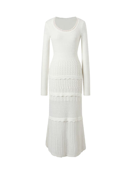 Underpass original design French lace splicing round neck cable tie slim niche A-line knitted dress