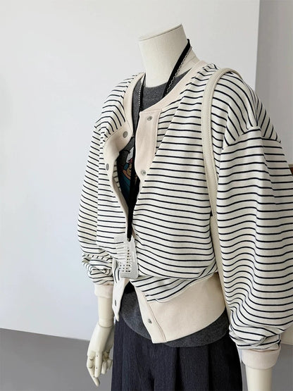 CHAO-level recommendation! Spring new product ~ Korean striped round neck cardigan loose casual age-reducing sweatshirt small jacket
