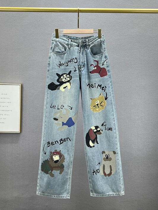 Women's Trendy Extra Long Denim Straight Pants 2024 New Spring and Summer High Waisted Loose Slim European Cartoon Floor Pants