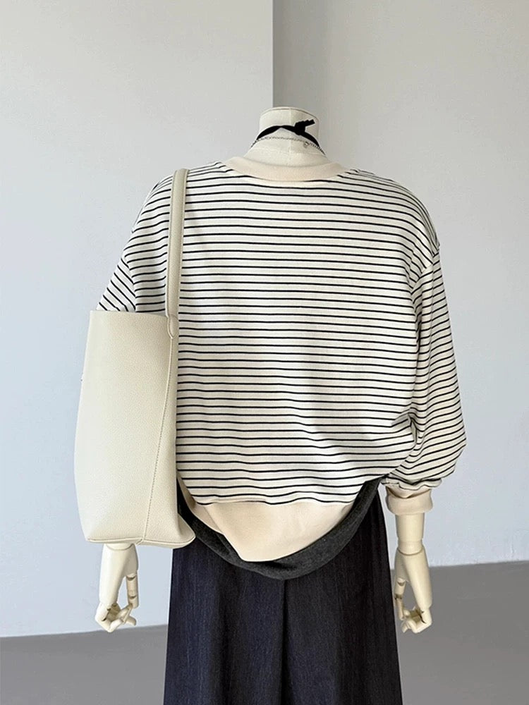 CHAO-level recommendation! Spring new product ~ Korean striped round neck cardigan loose casual age-reducing sweatshirt small jacket