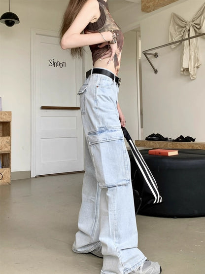 kumikumi retro washed light blue cargo jeans women's spring loose wide-leg pants floor-length pants