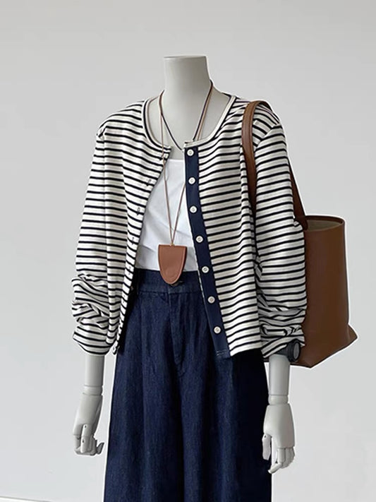 CHAO-level recommendation! Autumn outfit ~ Korean style contrast striped round neck cardigan versatile knit top