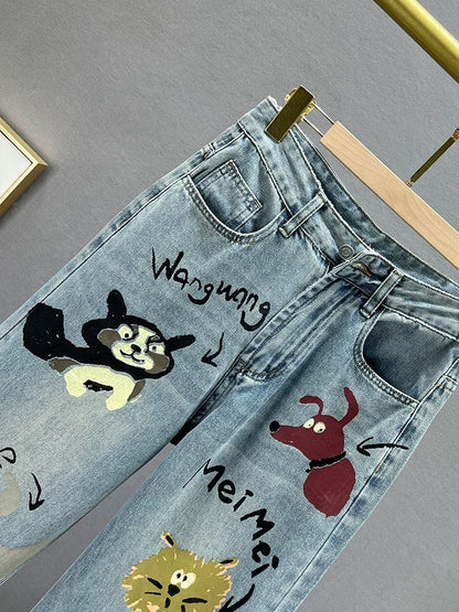 Women's Trendy Extra Long Denim Straight Pants 2024 New Spring and Summer High Waisted Loose Slim European Cartoon Floor Pants