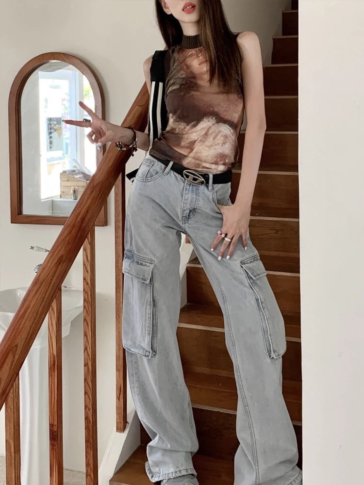 kumikumi retro washed light blue cargo jeans women's spring loose wide-leg pants floor-length pants