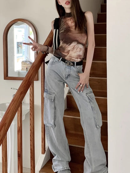 kumikumi retro washed light blue cargo jeans women's spring loose wide-leg pants floor-length pants
