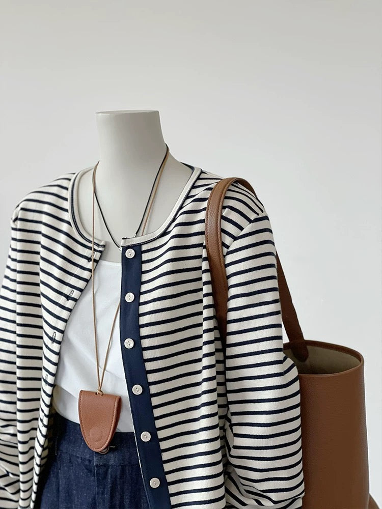 CHAO-level recommendation! Autumn outfit ~ Korean style contrast striped round neck cardigan versatile knit top