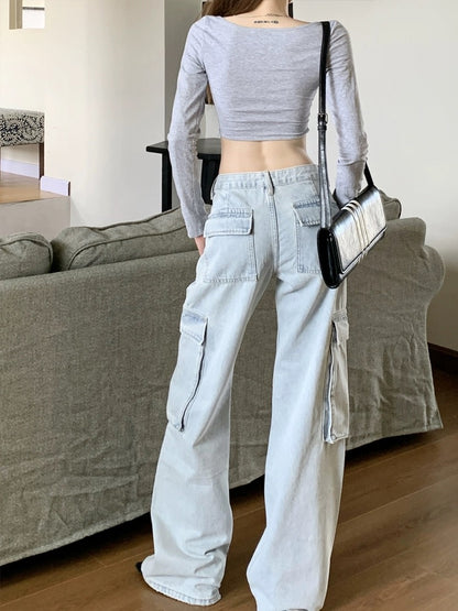 kumikumi retro washed light blue cargo jeans women's spring loose wide-leg pants floor-length pants