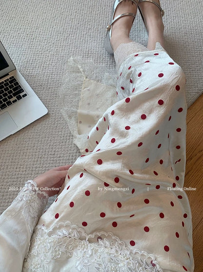 Korean style red polka dot lace-trimmed satin midi skirt for women, 2025 new style, French gentle temperament slit skirt.