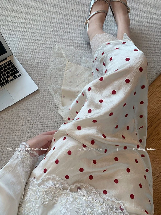 Korean style red polka dot lace-trimmed satin midi skirt for women, 2025 new style, French gentle temperament slit skirt.