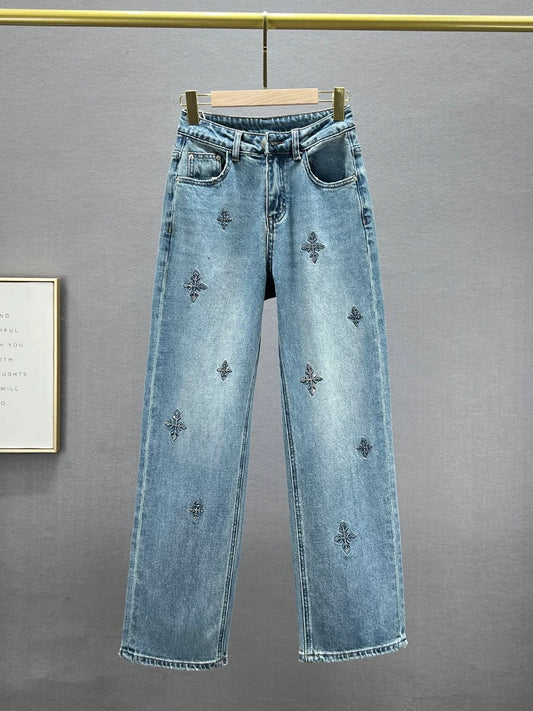 Trendy denim straight pants for women 2024 new spring high-waisted loose slimming Hong Kong style embroidered hot diamond wide-leg trousers