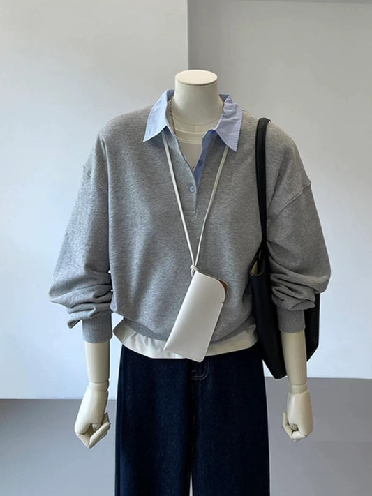 CHAO-level recommendation! Korean style Instagram style is perfect~Gray contrast lapel design reduces age fake two-piece sweatshirt