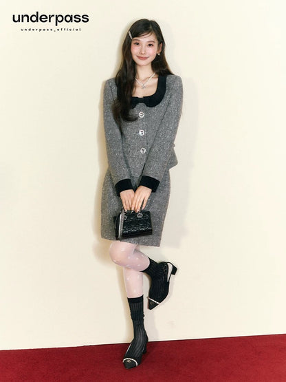 Underpass Original Contrast Color Doll Collar Waist Top Right Shoulder High Waist Skirt Thousand Gold Style Suit Skirt for Women