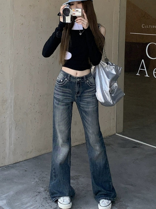 kumikumi retro washed jeans women's spring petite floor-length trousers slim slim boot-cut long trousers