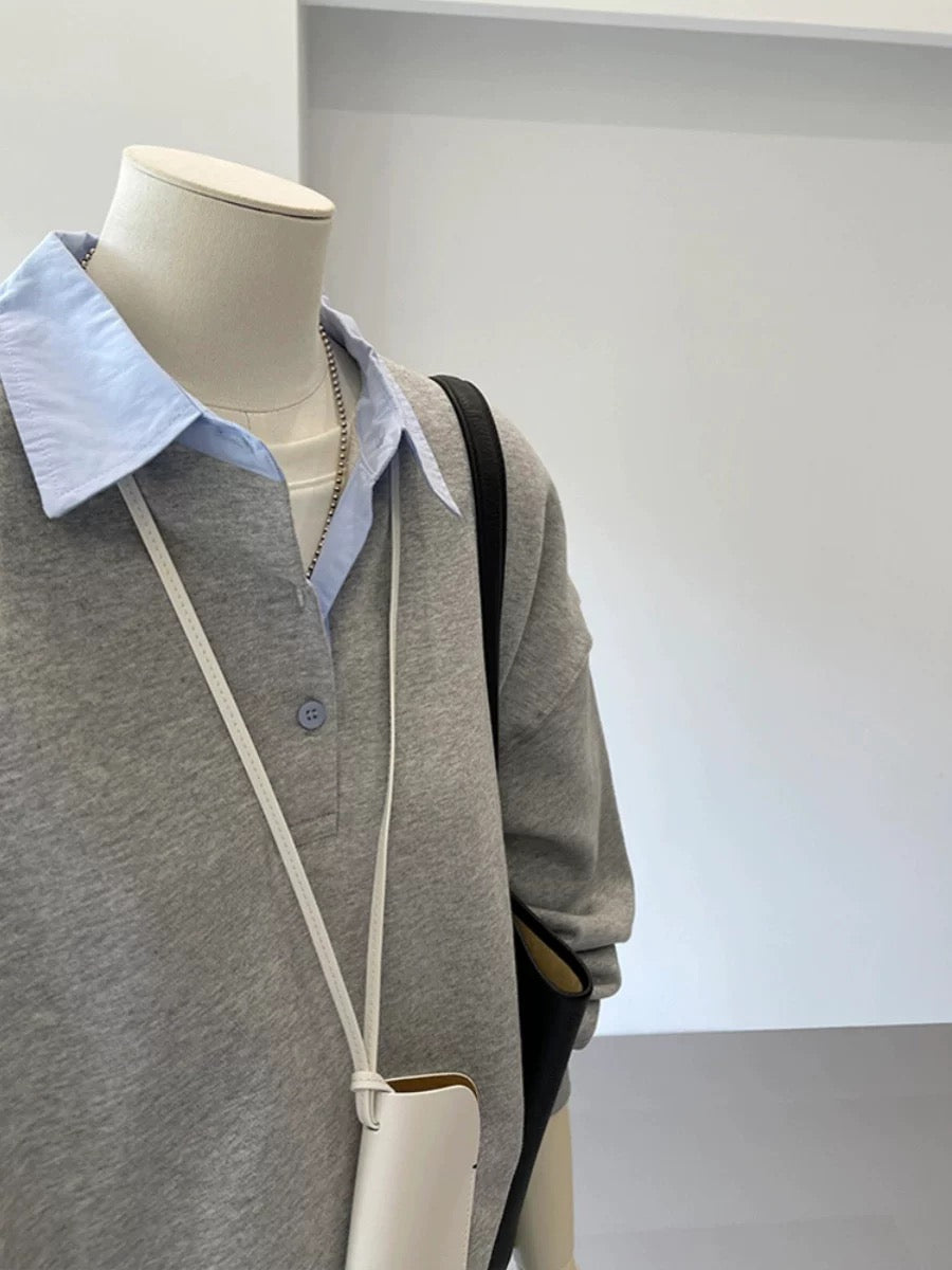 CHAO-level recommendation! Korean style Instagram style is perfect~Gray contrast lapel design reduces age fake two-piece sweatshirt