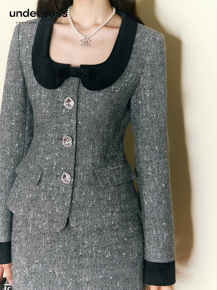 Underpass Original Contrast Color Doll Collar Waist Top Right Shoulder High Waist Skirt Thousand Gold Style Suit Skirt for Women