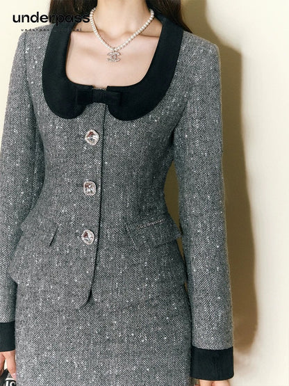 Underpass Original Contrast Color Doll Collar Waist Top Right Shoulder High Waist Skirt Thousand Gold Style Suit Skirt for Women