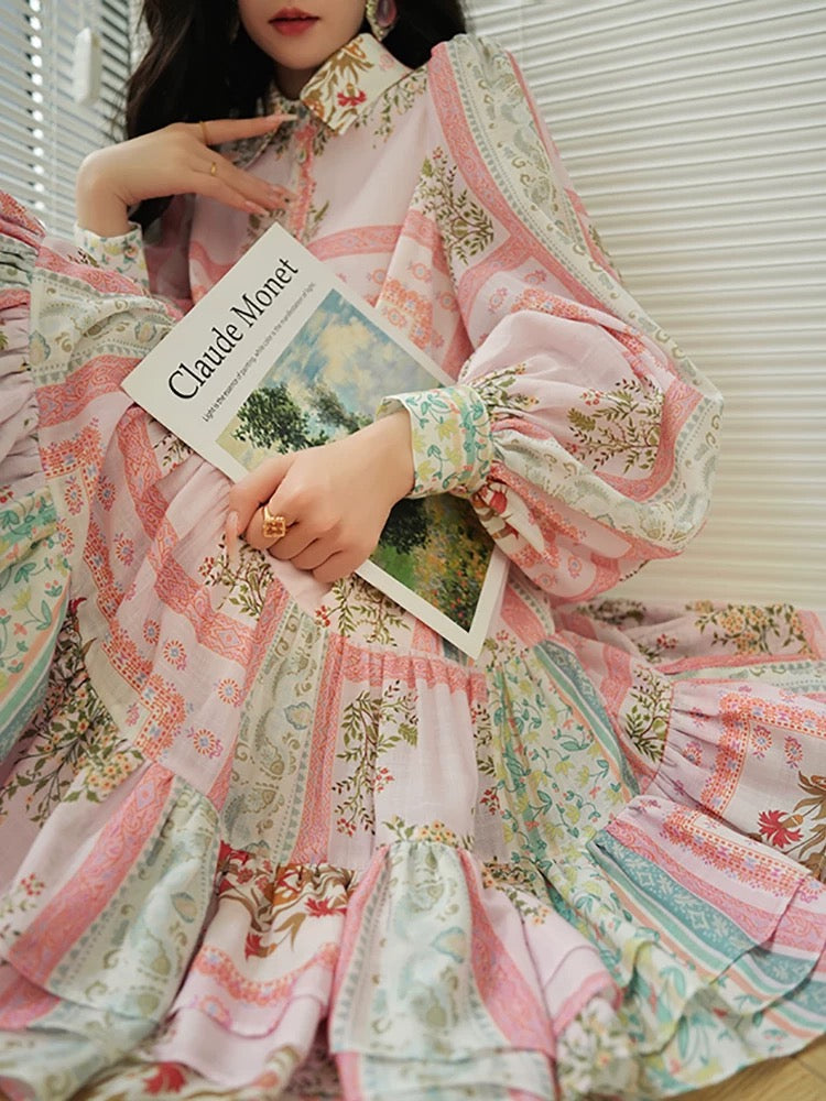 Aconiconi｜Hanajima Harunobu French heavy 3D embroidered dress Retro print girly short skirt