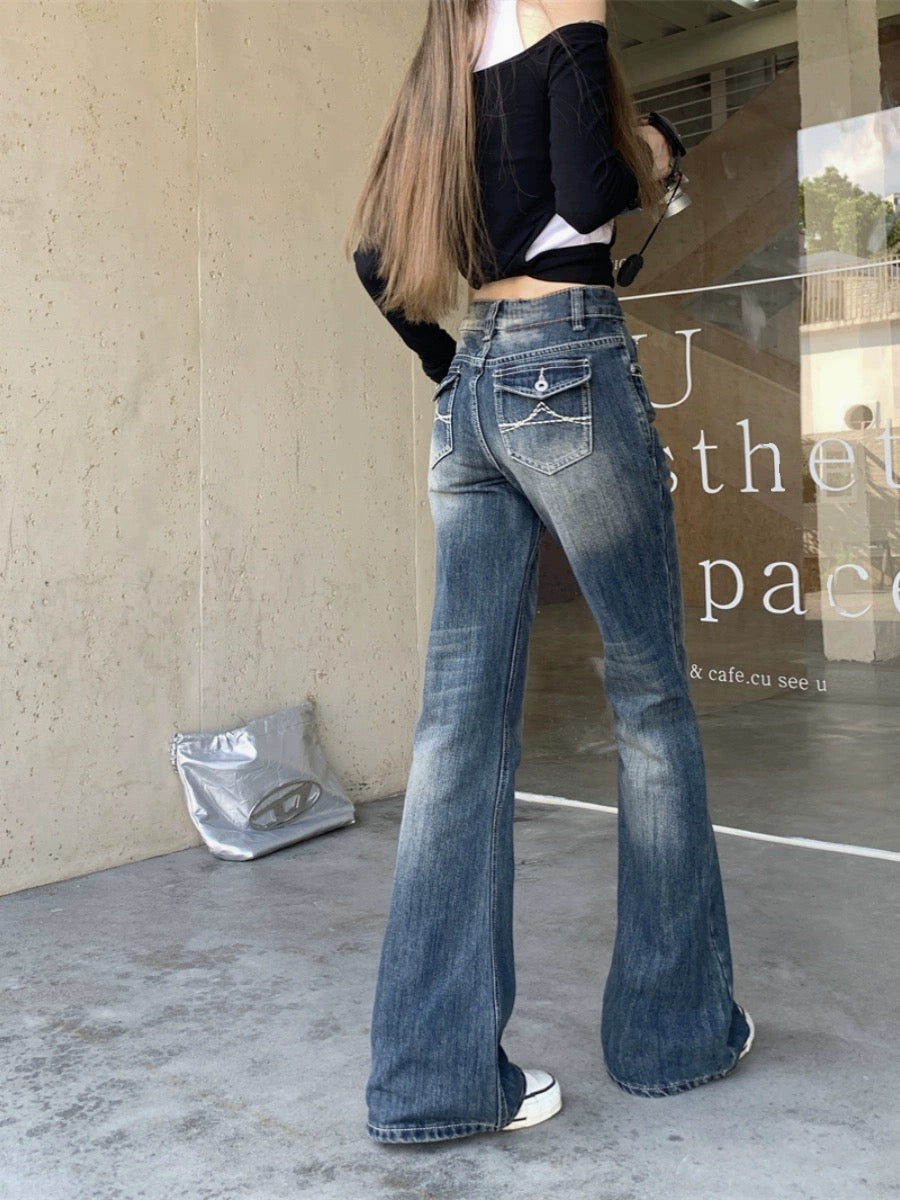 kumikumi retro washed jeans women's spring petite floor-length trousers slim slim boot-cut long trousers