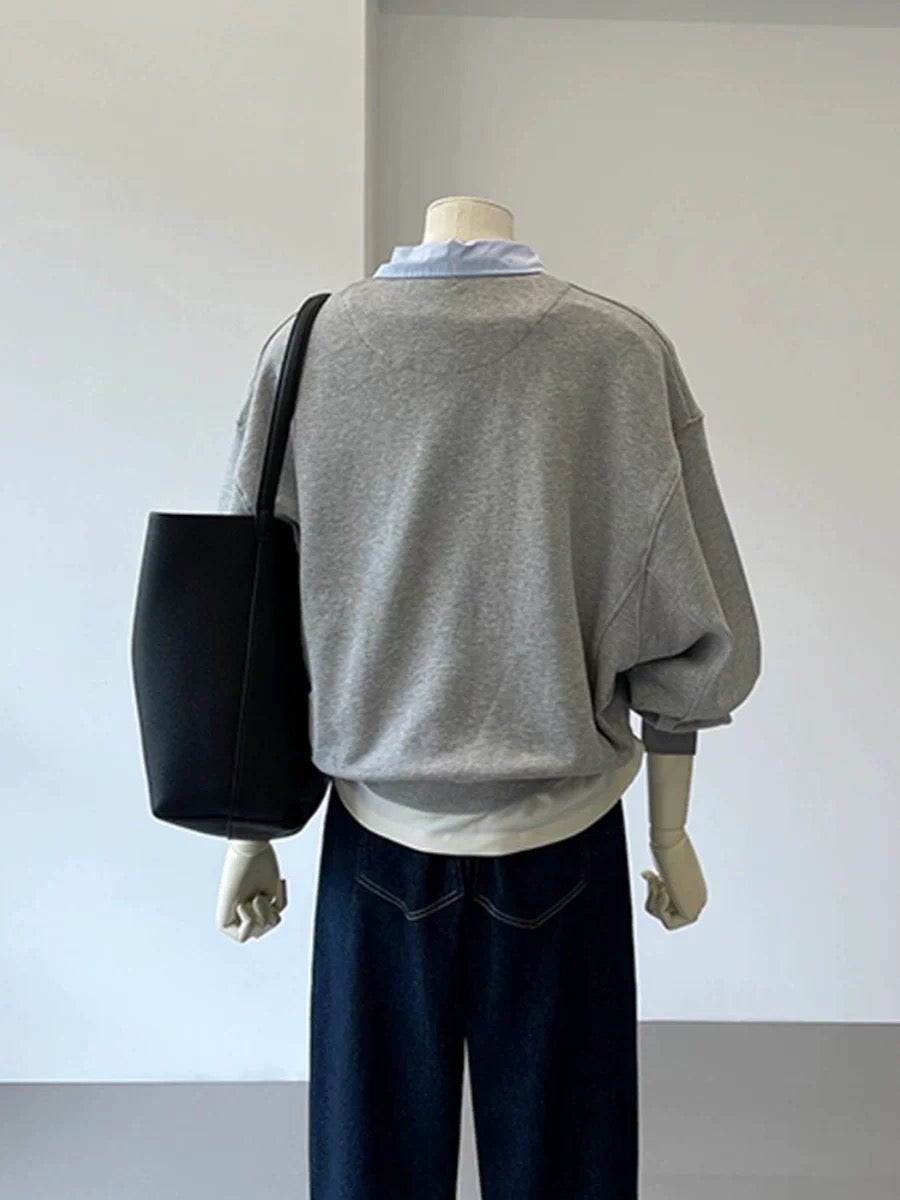 CHAO-level recommendation! Korean style Instagram style is perfect~Gray contrast lapel design reduces age fake two-piece sweatshirt