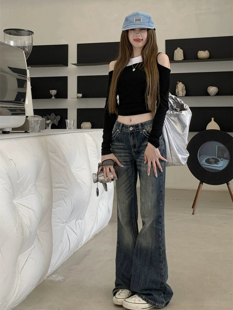 kumikumi retro washed jeans women's spring petite floor-length trousers slim slim boot-cut long trousers