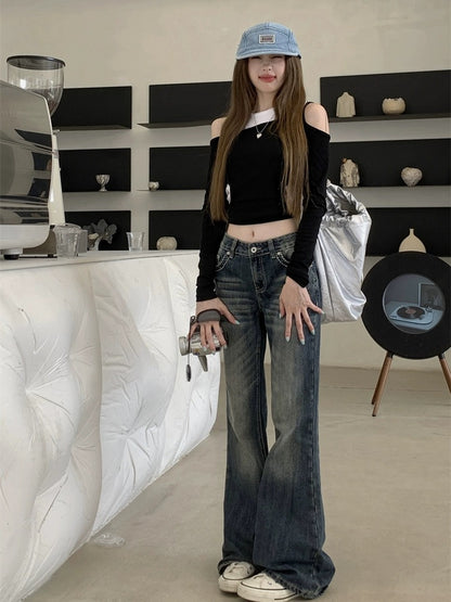 kumikumi retro washed jeans women's spring petite floor-length trousers slim slim boot-cut long trousers