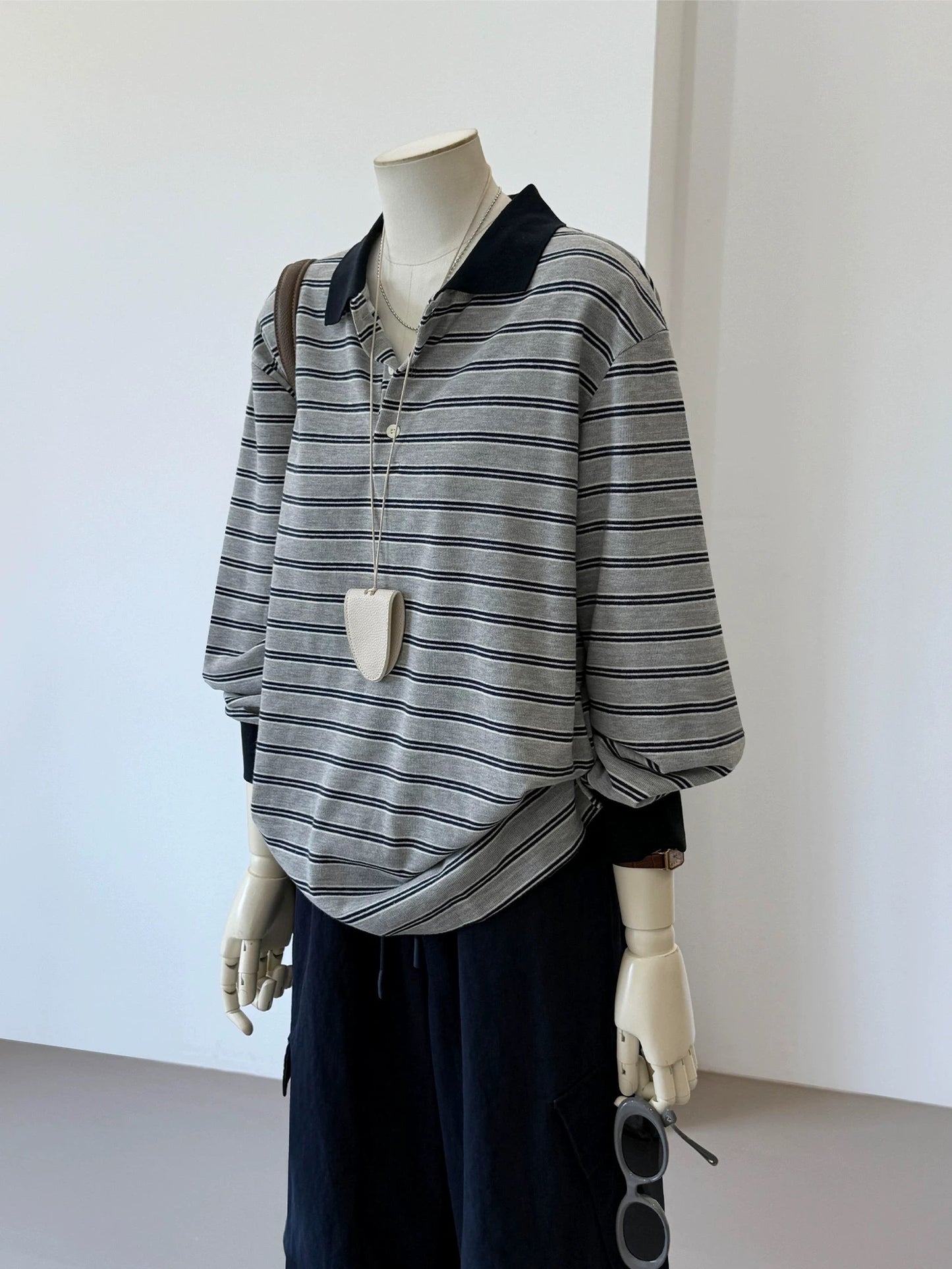 CHAO-level recommendation! Top autumn outfit~ Korean style gray striped contrast polo shirt casual loose long sleeve women