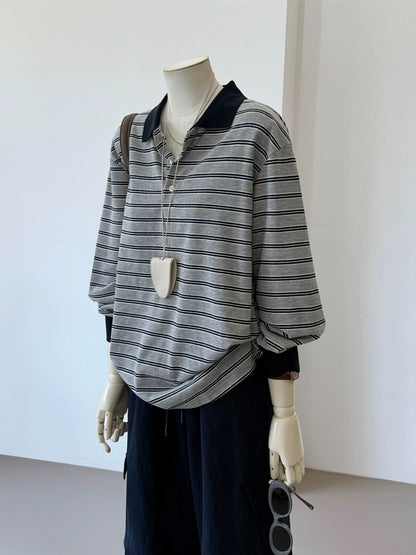 CHAO-level recommendation! Top autumn outfit~ Korean style gray striped contrast polo shirt casual loose long sleeve women