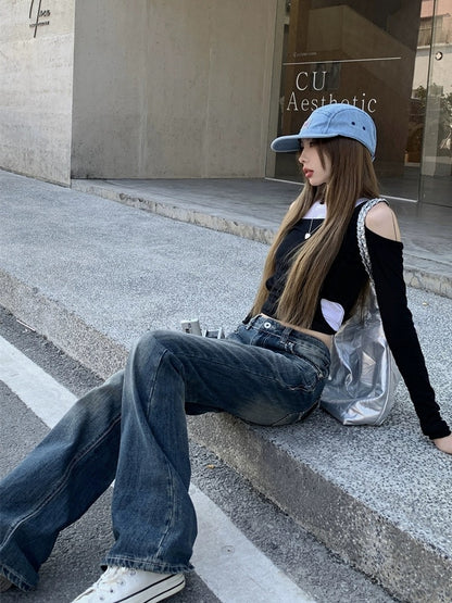 kumikumi retro washed jeans women's spring petite floor-length trousers slim slim boot-cut long trousers