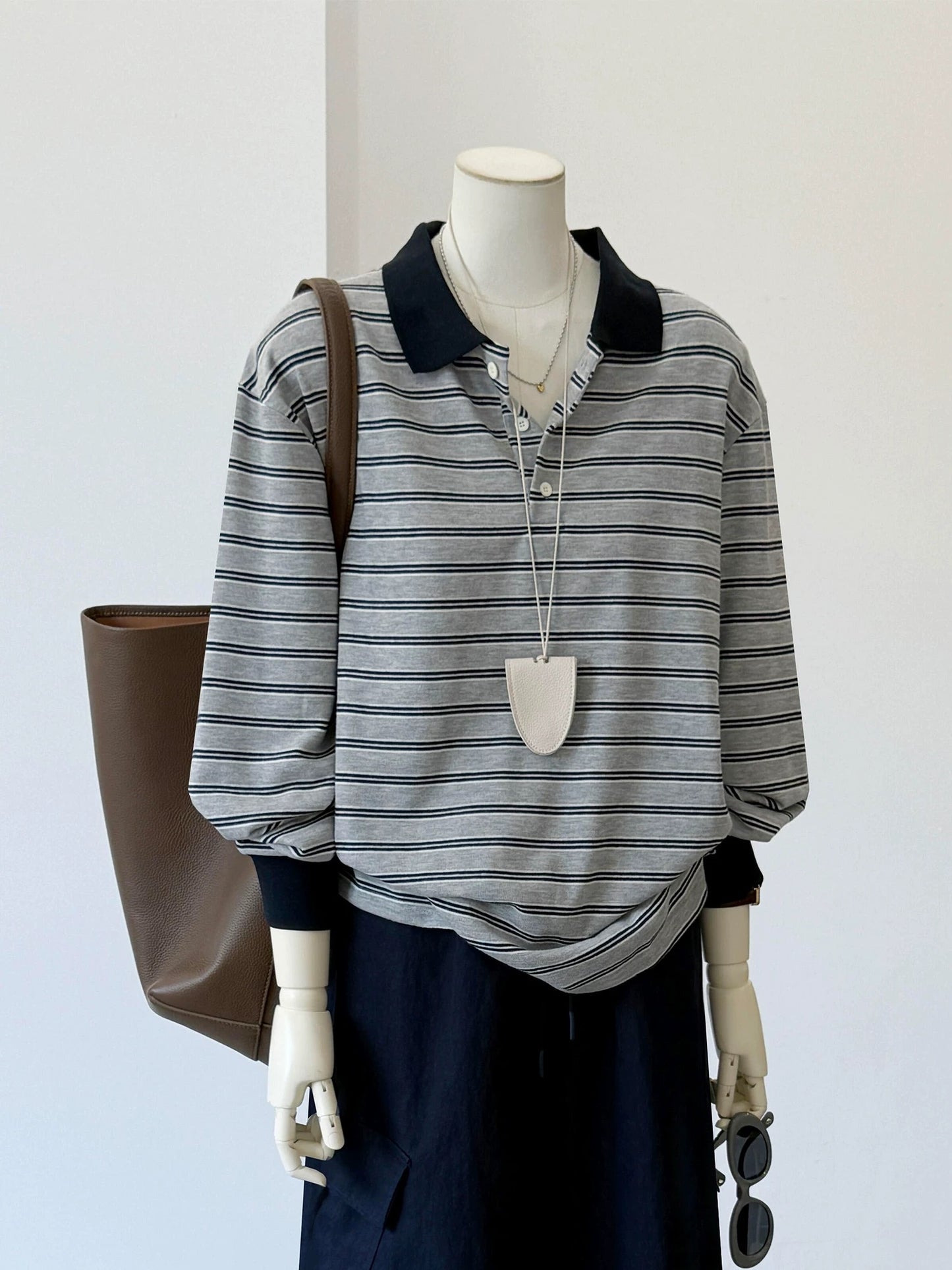CHAO-level recommendation! Top autumn outfit~ Korean style gray striped contrast polo shirt casual loose long sleeve women