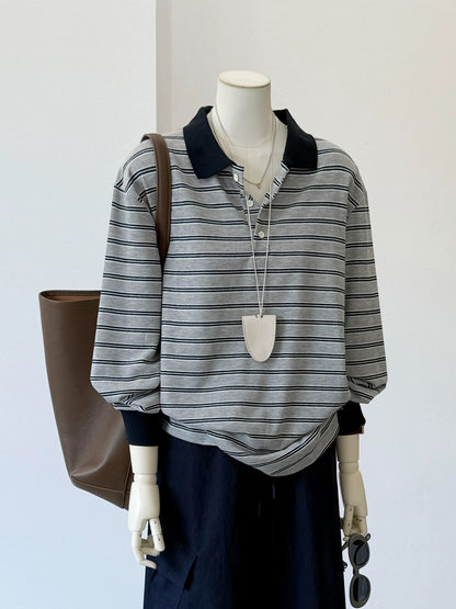 CHAO-level recommendation! Top autumn outfit~ Korean style gray striped contrast polo shirt casual loose long sleeve women