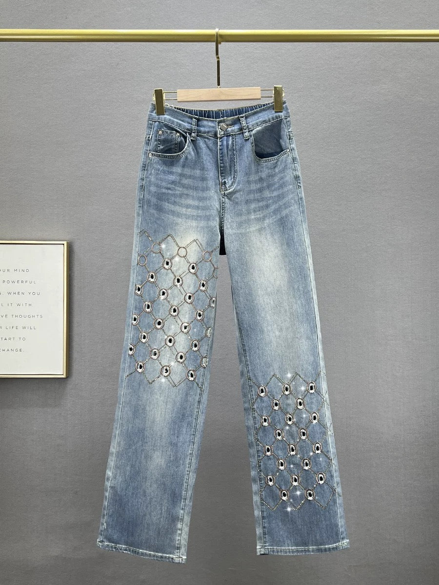 Extra long denim straight pants for women, 2024 summer new style high waisted loose slimming European station hot diamond floor mopping pants