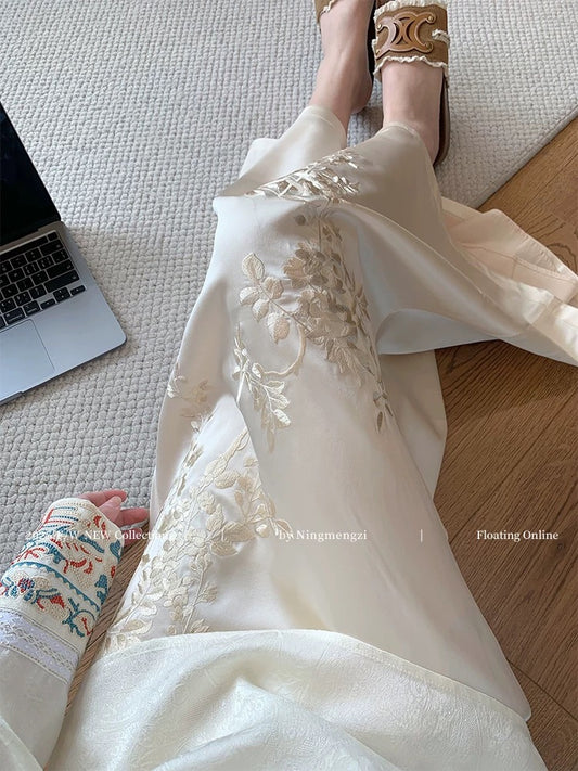 New Chinese Style Heavy Embroidery Satin Midi Skirt for Women, Early Autumn 2025, High-End Chinese Style Fishtail Skirt