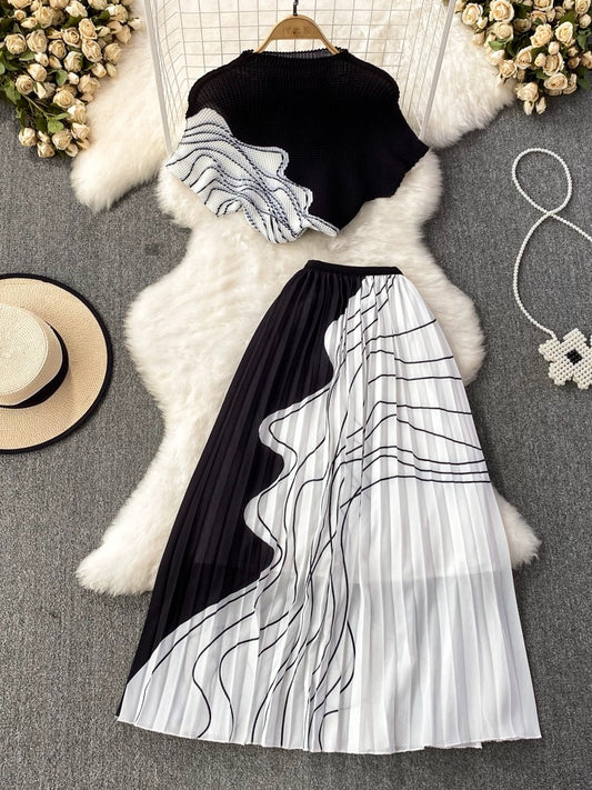 Fashion suit for women Korean style short-sleeved stand-up collar slim-fitting top two-piece set Hepburn style high-waisted pleated skirt summer