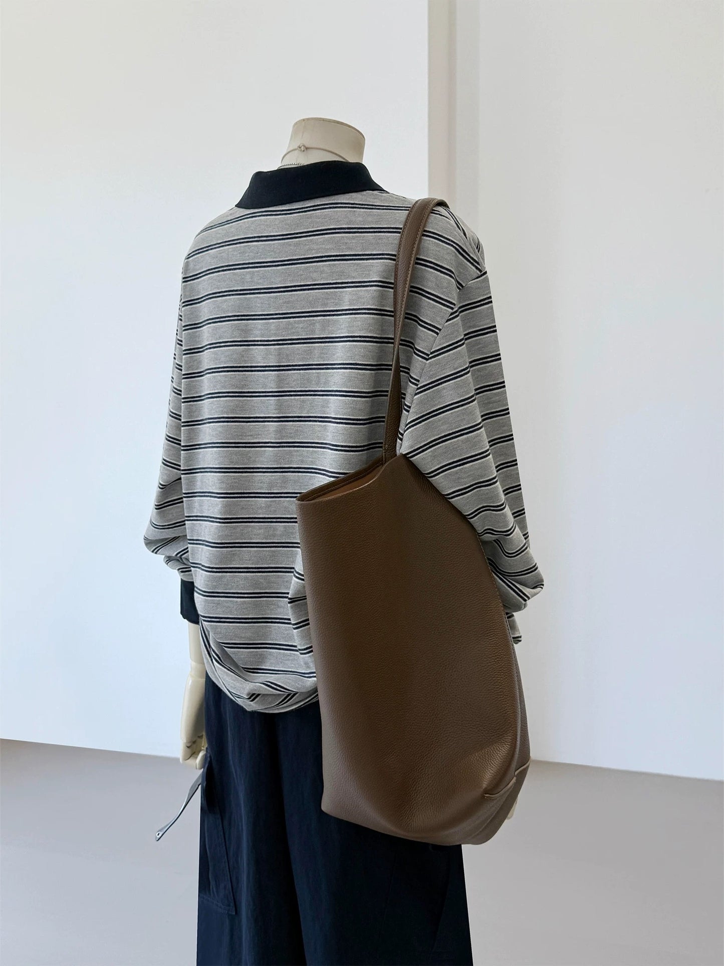 CHAO-level recommendation! Top autumn outfit~ Korean style gray striped contrast polo shirt casual loose long sleeve women
