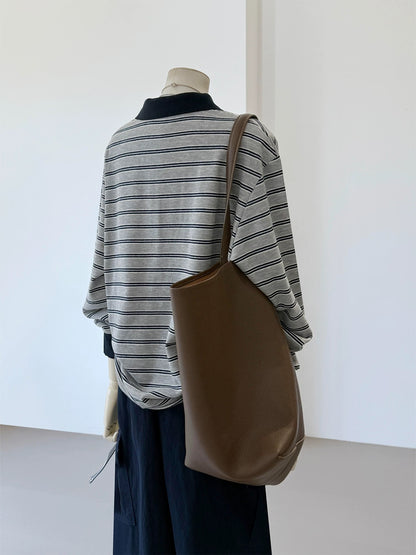 CHAO-level recommendation! Top autumn outfit~ Korean style gray striped contrast polo shirt casual loose long sleeve women