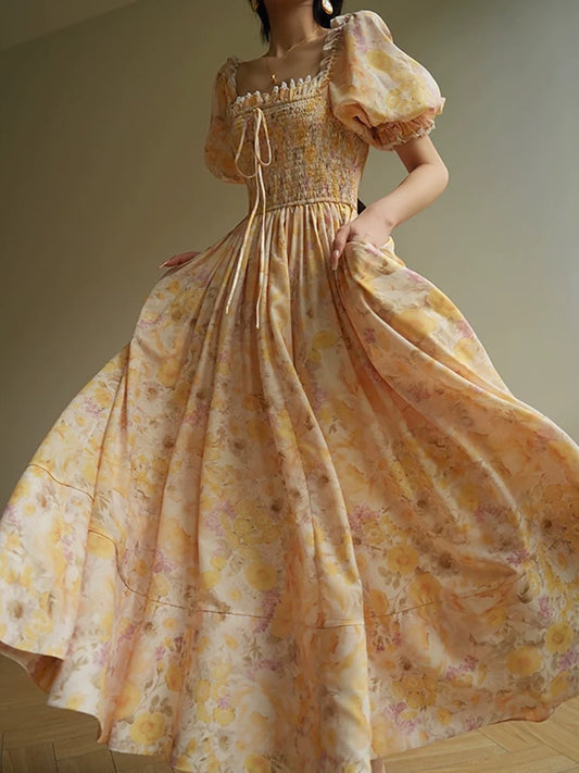 Aconiconi｜Hua Mi French floral retro dress pastoral style romantic holiday long skirt