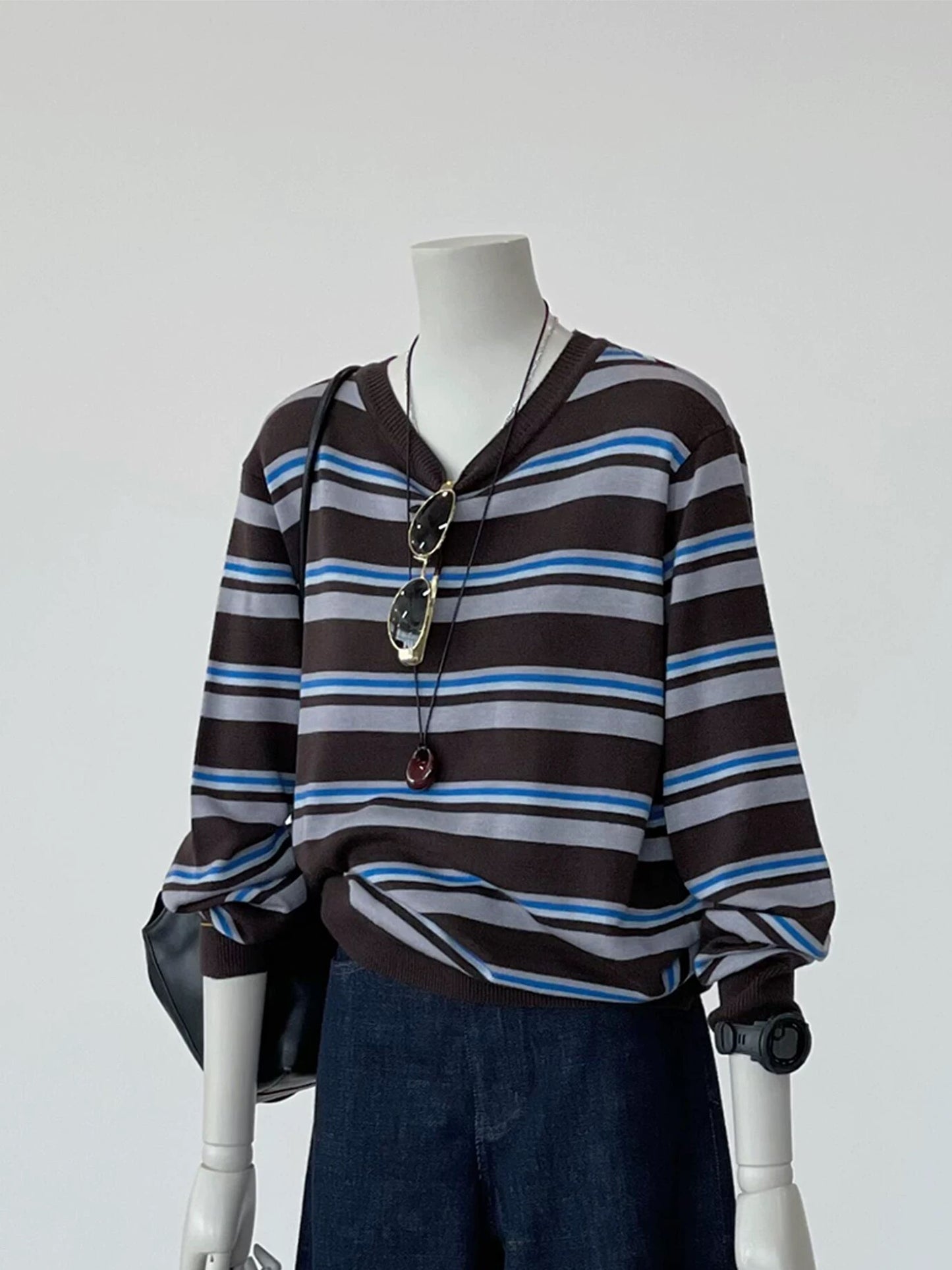 CHAO-level recommendation! Top autumn outfit~ Korean style contrast striped round neck layered loose long-sleeved knitted blouse for women