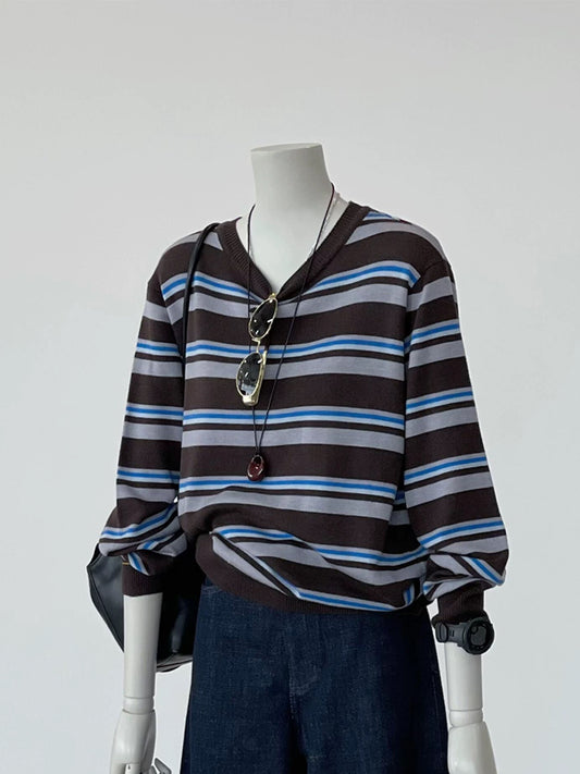 CHAO-level recommendation! Top autumn outfit~ Korean style contrast striped round neck layered loose long-sleeved knitted blouse for women