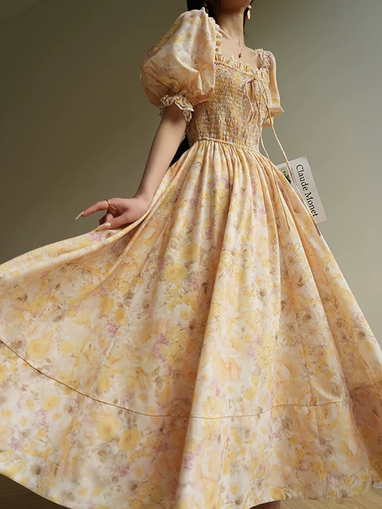 Aconiconi｜Hua Mi French floral retro dress pastoral style romantic holiday long skirt