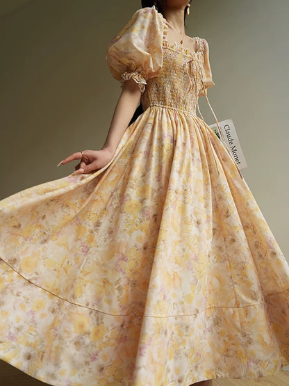 Aconiconi｜Hua Mi French floral retro dress pastoral style romantic holiday long skirt