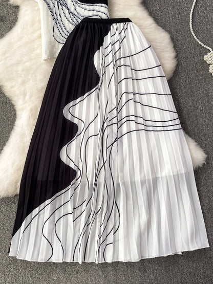 Fashion suit for women Korean style short-sleeved stand-up collar slim-fitting top two-piece set Hepburn style high-waisted pleated skirt summer