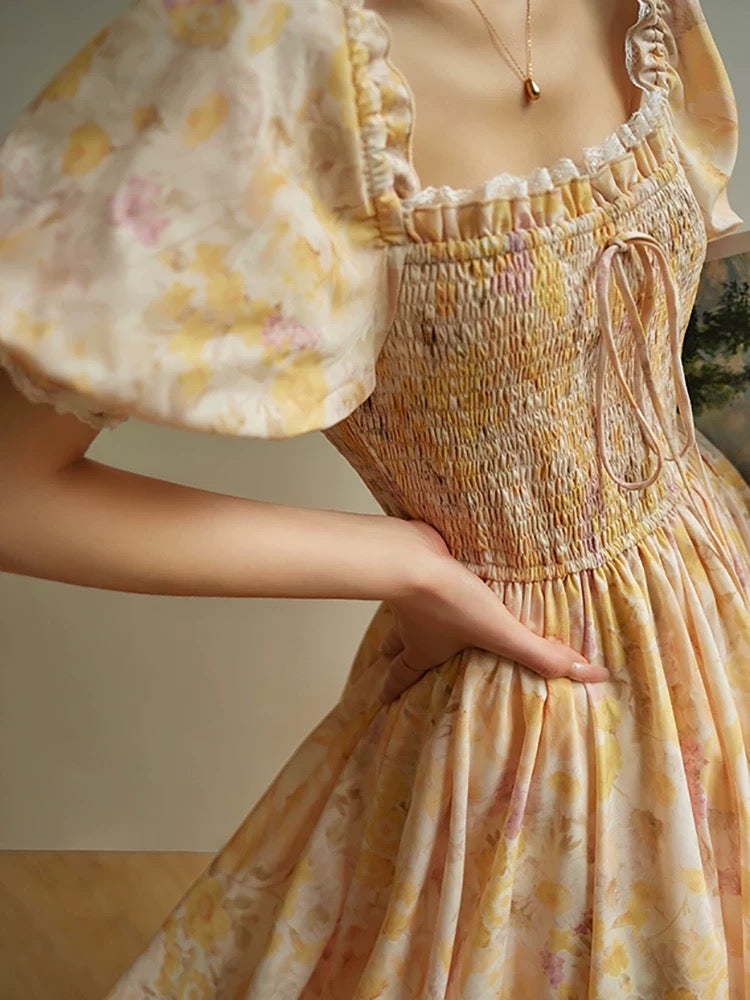Aconiconi｜Hua Mi French floral retro dress pastoral style romantic holiday long skirt