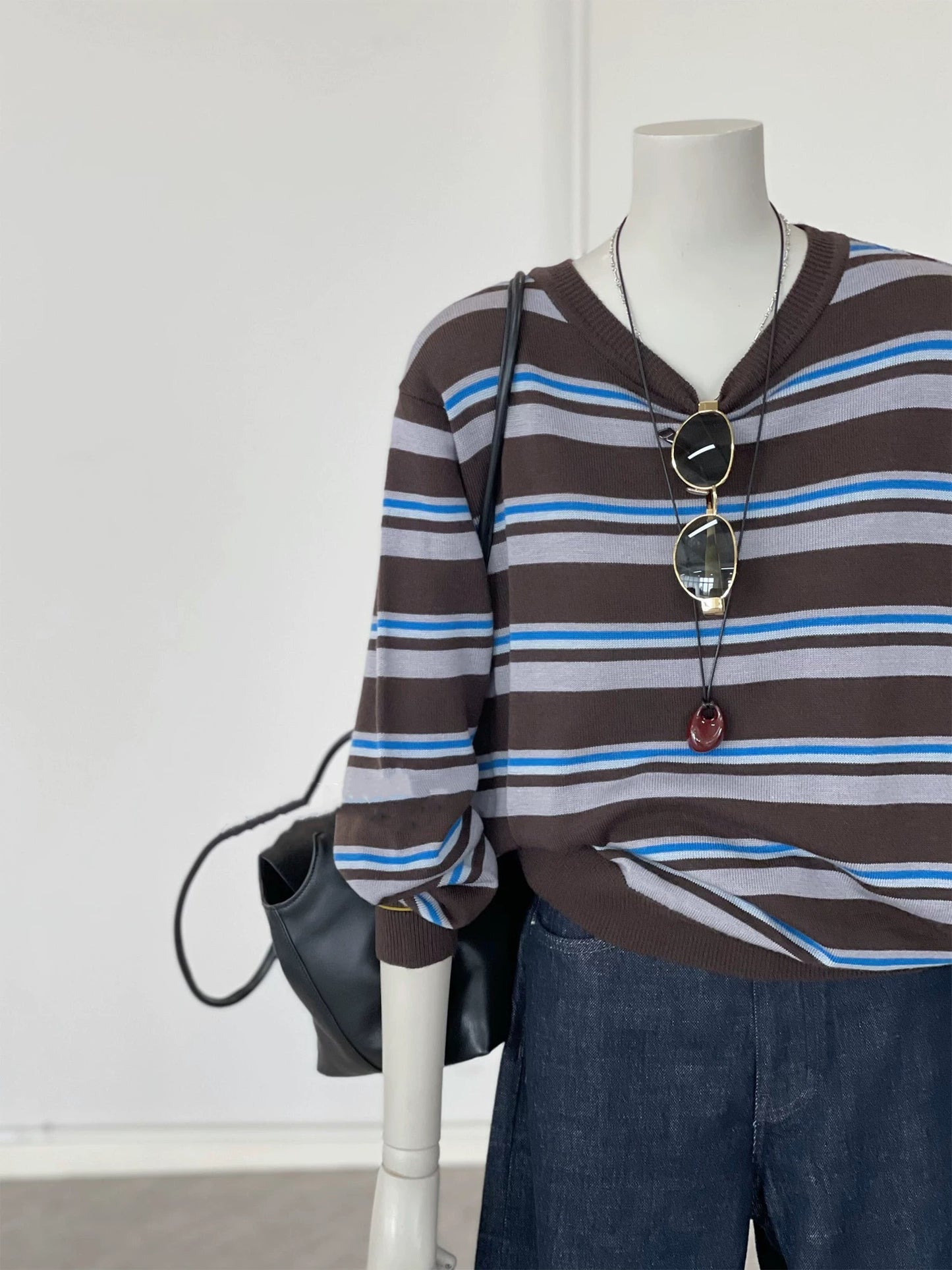 CHAO-level recommendation! Top autumn outfit~ Korean style contrast striped round neck layered loose long-sleeved knitted blouse for women