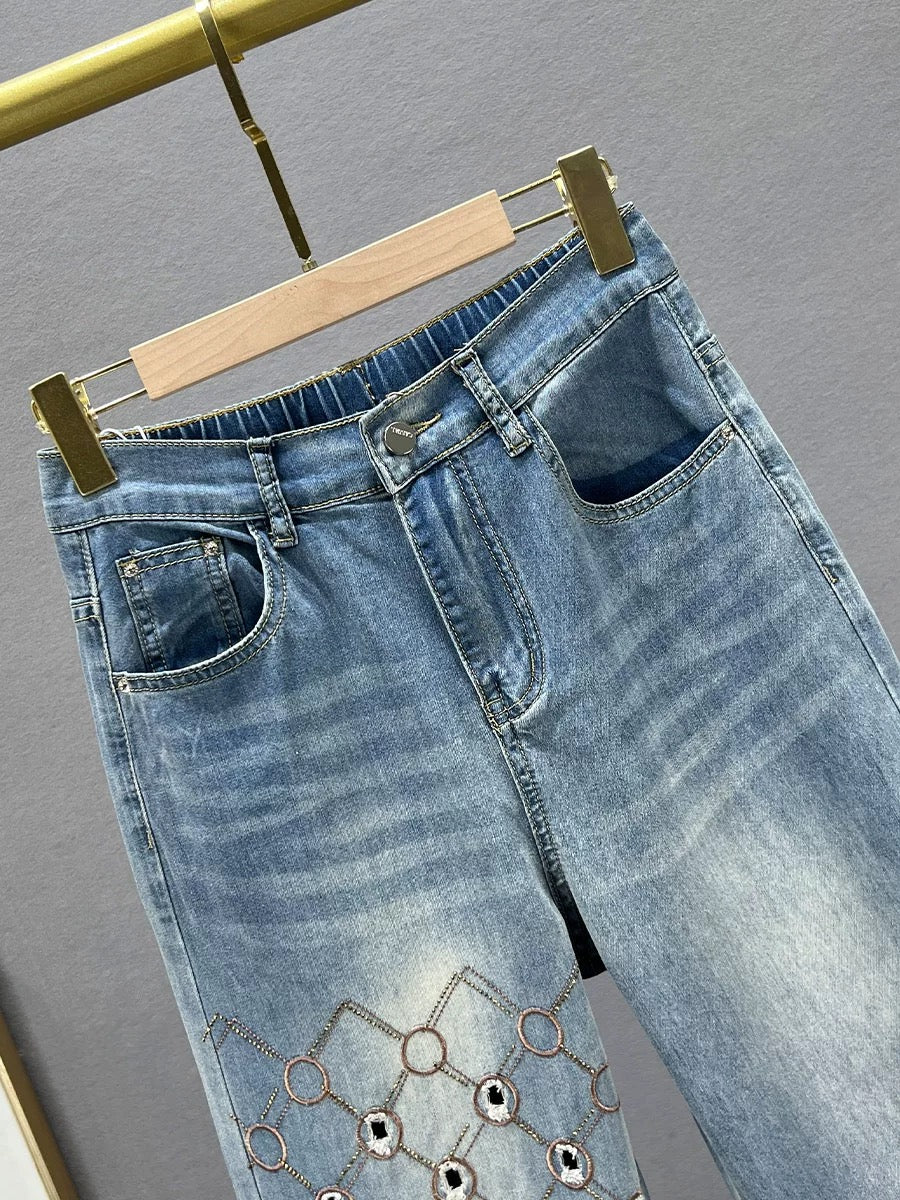 Extra long denim straight pants for women, 2024 summer new style high waisted loose slimming European station hot diamond floor mopping pants