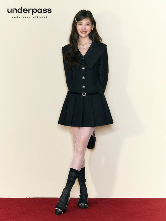 Underpass original design college style large lapel waist pleated dress A-line high-end slimming skirt