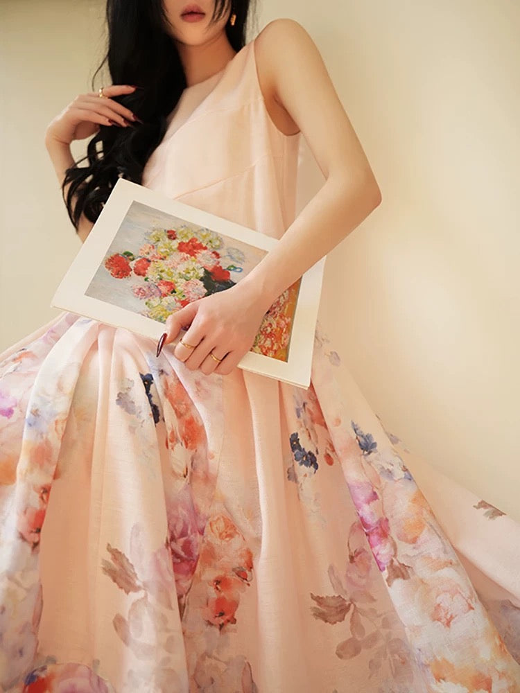 Aconiconi｜Anna Rose, a rich girl with elegant printed vest long skirt and romantic dress