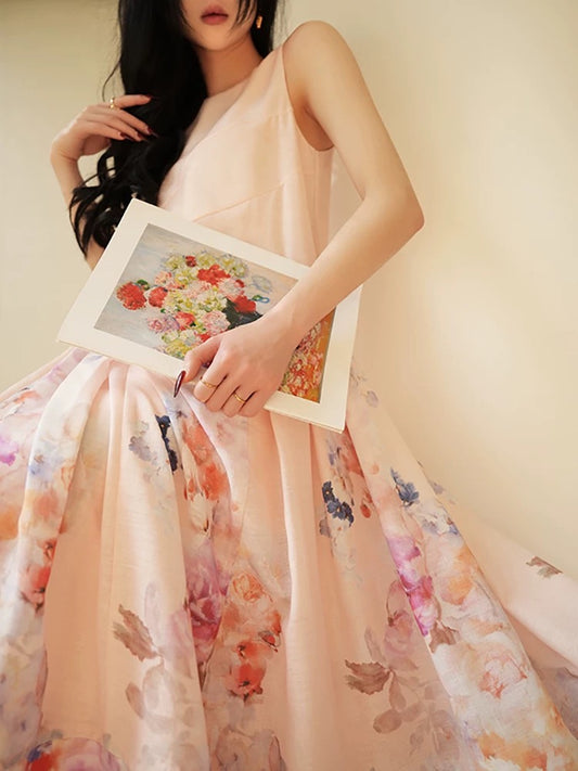 Aconiconi｜Anna Rose, a rich girl with elegant printed vest long skirt and romantic dress