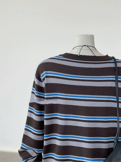 CHAO-level recommendation! Top autumn outfit~ Korean style contrast striped round neck layered loose long-sleeved knitted blouse for women